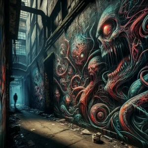 Twisted, nightmarish graffiti covering a decaying urban alleyway, dripping and pulsating with unnatural colors; a shadowy figure with glowing red eyes lurks in the background.