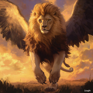 Design a creature named "Leagle" that exhibits a lion's muscular...