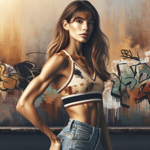 Athletic Thin skinny Attractive, Asian teenage girl, long brown hair and bangs, wearing tight skinny jeans and a halter top paint marks on her clothing, heroic pose Asian graffiti background, side view