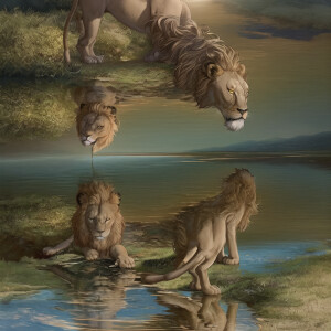 lion drinking from the river , mirrored reflection , dynamic ang...