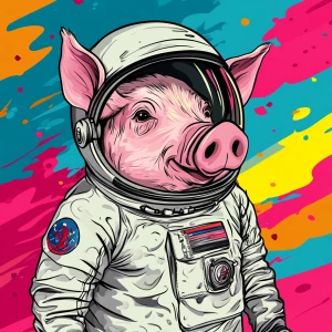 Cute cartoon pig in vintage white spacesuit and NASA style helme...