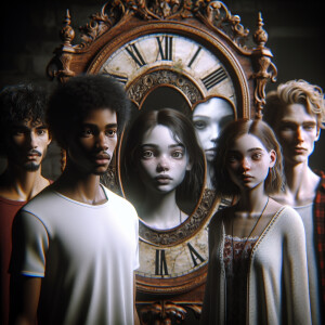 Four teenagers are standing in a dark room. The figure of a girl...