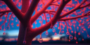 Create an image of a neon-lit tree against a sunset, with close-...