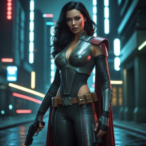 Depict Dahlia Valentina (DahliaValentina_ai) – a fit, tall, supple, well-endowed, tanned Italian-American model with long wavy black hair – as a rogue bounty hunter in the Star Wars universe. She stands confidently in a dimly lit, neon-soaked alley on Coruscant, surrounded by flickering holographic signs and towering futuristic skyscrapers. She wears sleek, form-fitting bounty hunter armor with dark metallic tones, accented by crimson streaks and subtle battle scars. A half-cape drapes over one shoulder, flowing slightly in the breeze. Dahlia’s helmet is off, held under one arm, revealing her striking face with a fierce, determined expression. A blaster pistol rests in her holster, and a faint scar runs across her cheek, hinting at past battles. The glow from nearby neon lights reflects off her armor, creating an atmospheric blend of shadows and color. The background reveals distant speeder traffic zipping through the cityscape, adding to the sense of motion and danger.