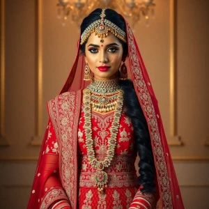 Generate a full body photo, highly detail of an Indian bride wea...