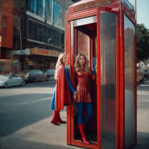 Supergirl transformation in a  phone booth