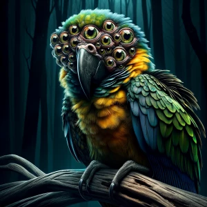 A  sinister parrot with too many eyes