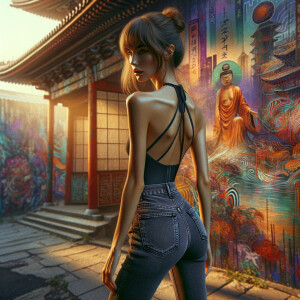 Athletic Thin skinny Attractive, Asian teenage girl, long brown hair and bangs, wearing tight skinny jeans and a halter top paint marks on her clothing, heroic pose Asian graffiti background, backside view