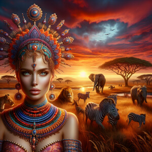 Envision a magnificent African savannah at the golden hour of su...