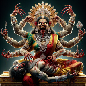 portrait of angry looking, four-armed indian goddess sitting on...