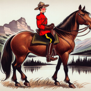 A comical caricature of a canadian mounty on his horse in the st...