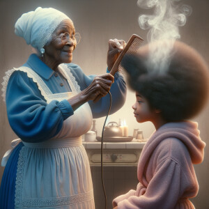 Create a realistic 3-D image of an african-American grandmother wearing a blue house dress and a white apron . She is in the kitchen with her african-American granddaughter. Her granddaughter is wearing a pink bath robe. The grandmother has a hot comb in her hand and she is straightening her granddaughters hair. One side of her granddaughters hair is in  a Afro the other straight 
There is smoke coming from the hot comb
The granddaughter is making a face