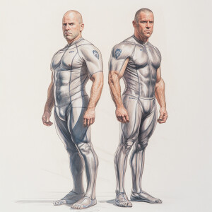 Create a fine-tipped colored pencil sketch featuring head-to-toe...