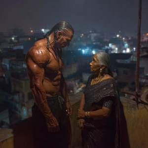 Photo hyperrealism,a muscular sweaty employer criminal man eveni...