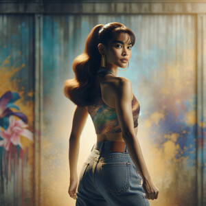 Athletic Thin skinny Attractive, Asian teenage girl, long brown hair and bangs, wearing tight skinny jeans and a halter top paint marks on her clothing, heroic pose Asian graffiti background, backside view