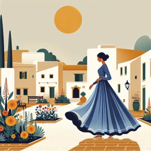 A young woman wearing a finely detailed blue dress, walking along a cobblestone path in a quiet village. Her dress flows gracefully as she moves, and the scene is illuminated by the golden hues of a setting sun, casting long shadows across the quaint, flower-filled square