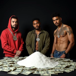 Guys dressed in hip-hop clothing and jewelry standing around a t...