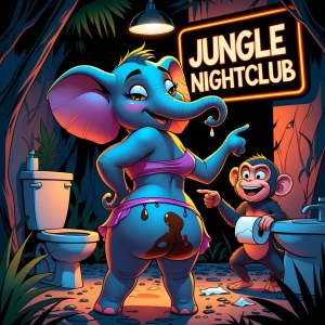 "A cheeky, cartoon-style anthropomorphic female elephant with cu...