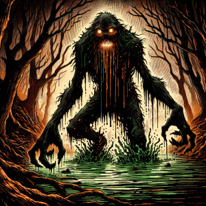 A monster coming out from the creek, glowing eyes, reaching out,...
