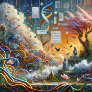 circuitry, diagrams Cellular structures, DNA, circuit boards, colorful wires,  asian and Egyptian  graffiti, lie detector graphs, cardio, printout , branches infinity sign, cave, Art, handprints, distant birds flying, flowering vines, abstract gestural painting, dna