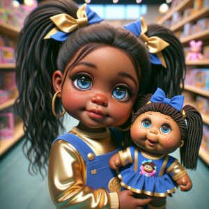 Create a 3-D image of an african-American little girl inside of a medium size, toy store. The little girl has thick long, ponytails and huge blue eyes. She has on a gold and blue jumpsuit with matching bows, She is playing with her favorite african-American cabbage patch doll, the doll has deep, dimples, and freckles and looks just like her