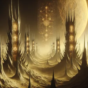In the eerie golden light of a dying sun, jagged alien spires ri...