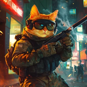 A wide-eyed ginger cat wearing a black tactical balaclava (or ma...