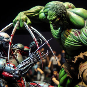 Hulk fighting Wolverine, blood dripping wounds, bloody scene