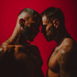 Two rugged, masculine men standing closely together in an intima...