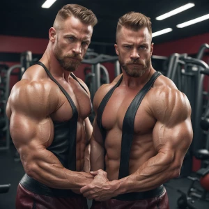The image features two muscular bodybuilder men posing closely t...