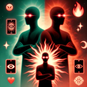 Create an image depicting two silhouetted or blurred figures wit...