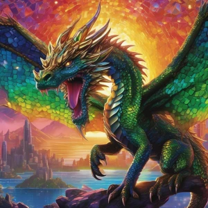 In a mesmerizing pixelated landscape, a sparkling holographic dr...