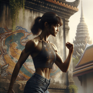 Athletic Thin skinny Attractive, Asian teenage girl, long brown hair and bangs, wearing tight skinny jeans and a halter top paint marks on her clothing, heroic pose Asian graffiti background,  backside view