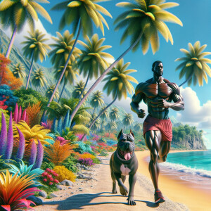 3-D illustration of a very  handsome Nigerian man and his canetorso dog jogging along the beach, Tropical Hawaii aesthetic, beautiful background, vibrant, palm trees, tropical flowers