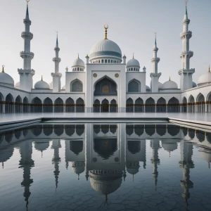 Create an image of an exquisite mosque encircled by a tranquil b...