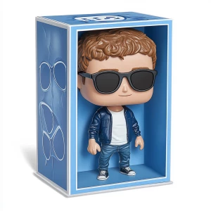 Create a Funko Pop figurine of Mark Zuckerberg, styled in the di...