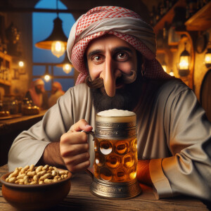 Man with a giant nose drinking a beer