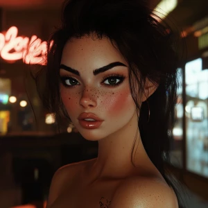 girl with chestnut hair, big black eyebrows, pumped up lips, pot...