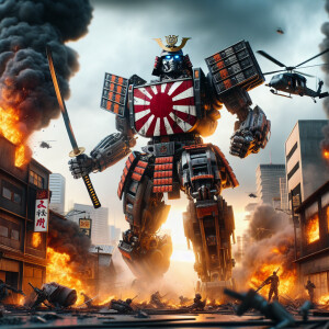 Japan as a transformer character, adorned with samurai costume a...
