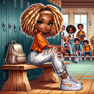 Chibi Full body, African American sitting on a rustic bench. She...