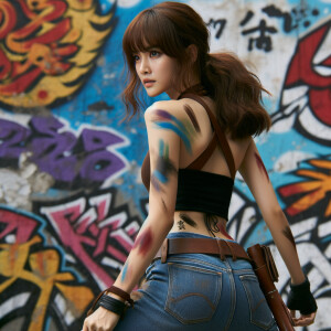 Attractive, Asian teenage girl, long brown hair and bangs, wearing tight skinny jeans and a halter top paint marks on her clothing, backside view heroic pose Asian graffiti