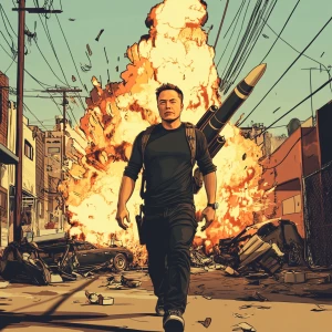Elon Musk..Elon walking away from an exploding building carrying...