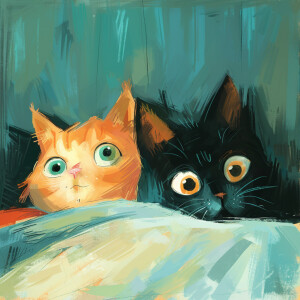 A cartoon of a cat peering over you while you are sleeping