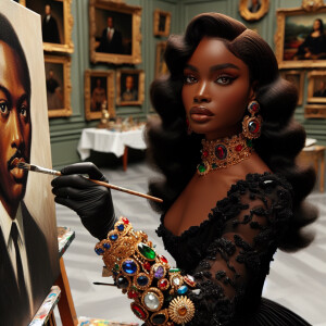 In a high-class, elegantly decorated studio, a very light-skinne...