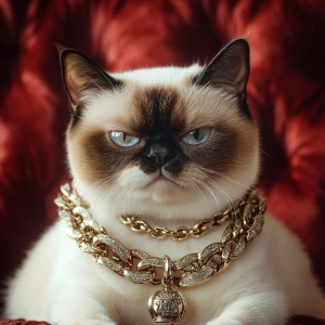 rapper grumpy cat siamese on a throne grumpy face in a chain gol...