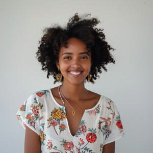 A cute woman

Smiling 

Clothes: White Floral Dress

Looks Clean...