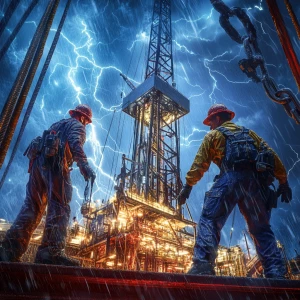 Texas oil rig workers working on the rig during a lightning stor...