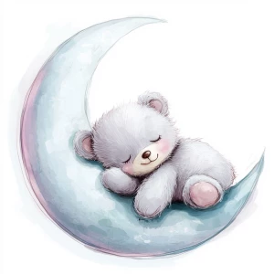 A cute, cartoon teddybear lies on a stylized, rosy-pink crescent moon. The teddy bear is light gray with large, round, pink-spotted ears.  Its body is round and he has expressive eyes.  its facial expression is happy and friendly. The teddy bears leg and foot are visible, and its posture is relaxed, lying down in the curve of the moon. it's stomach is lying down on the moon with left arm and leg showing hanging down. The moon is a soft, shaded blue, with watercolor-like texture and subtle shading. The background is white. The image is in a child-friendly style, showcasing delicate line work and color palettes. The composition is centered on the teddy bear which is positioned lying slumped face down on  the moon, giving the moon a hug with closed eyes. The overall style is sweet, whimsical, and reminiscent of children's book illustrations.  The colors are pastel and soothing, creating a gentle atmosphere.