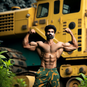 A muscular, shirtless man strikes a victorious pose with both ar...