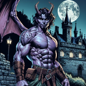 comic style, 8k, a muscular gargoyle with lavender skin, long da...